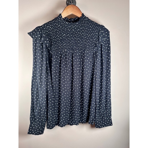 LOFT Women's Polka Dot Smocked Mock Neck Long Sleeve Blouse Size Small - Picture 1 of 5